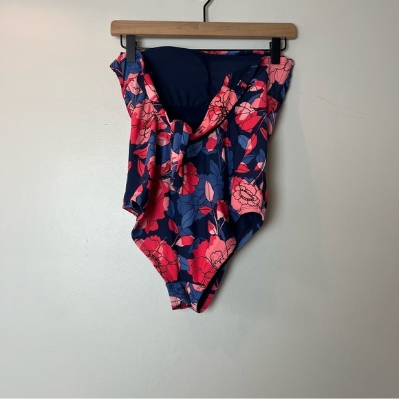 Kona Sol Strapless One Piece Navy and Pink Floral Swimsuit Medium - Picture 2 of 8